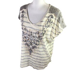 Miss Me Top Tee Shirt Rhinestones Studded Lace Accent Size L Stretch Knit Stripe
